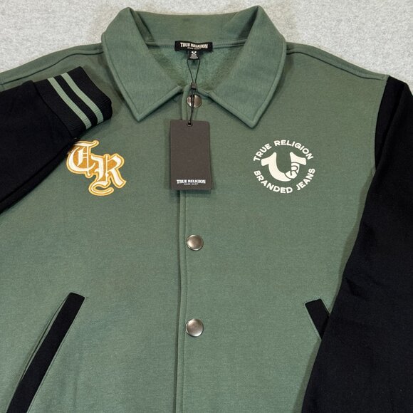 True Religion Men's Collared Patch Fleece Varsity Jacket Medium Green Black NWT - Picture 3 of 15